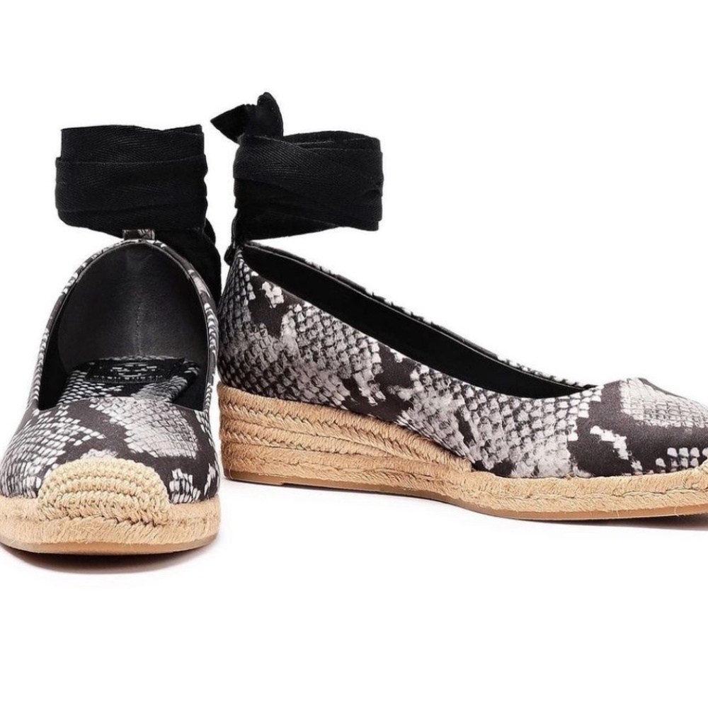 Tory Burch Black & White Snake-Print Espadrille Wedge with Black Ankle Tie